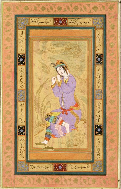 Ragazza seduta che arriccia i capelli in boccoli, dal Grande Album Clive, c.1600-10 da Persian School